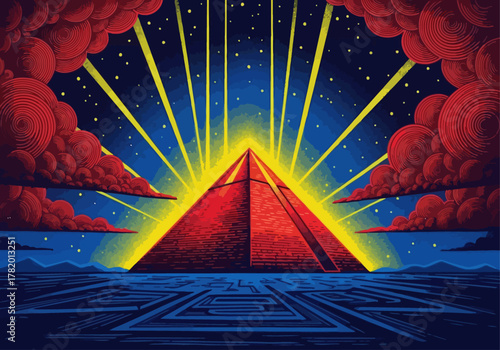Vibrant pyramid illuminated by sunrise with starry sky and clouds  