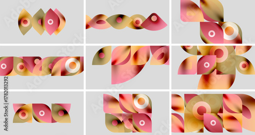 Abstract geometric shapes, overlapping circles, soft pinks, oranges, yellows. Minimalist design, repeating patterns, light gray background.