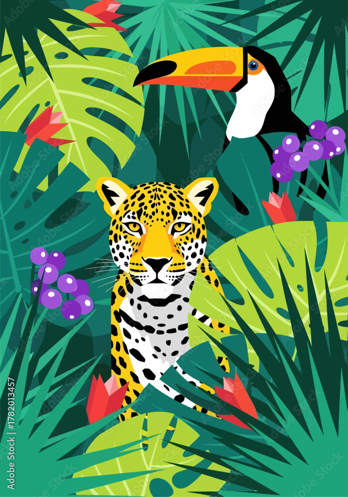 Obraz premium Jaguar and toucan surrounded by tropical leaves and flowers
