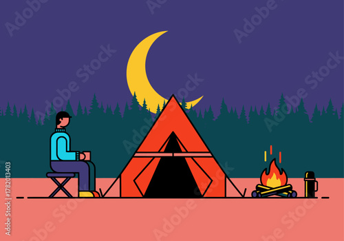 Man sitting by tent and campfire under moonlit night sky  