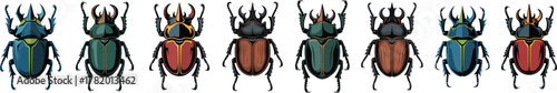Detailed Rhinoceros Beetle Vector Art Collection: Vibrant, Horned Insect Illustrations Digital Clipart Set