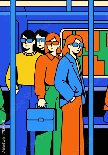 Group of diverse people commuting in colorful train interior  