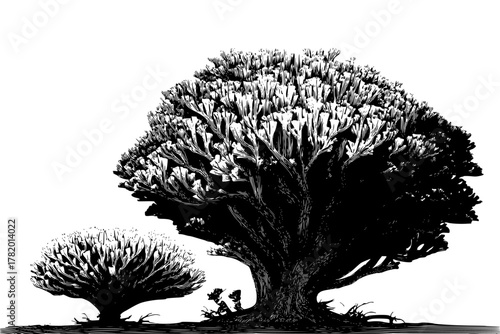 Majestic Coral Fungi: Monumental Tree Its Miniature Companion Desert Landscape | Clean, isolated vector art for creative projects.