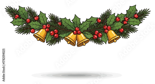 Christmas decoration with holly, bells, and pine branches  