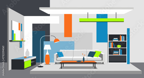 Modern living room interior design with colorful accents and decor  