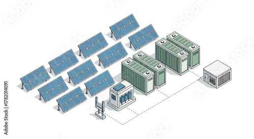Solar energy farm with solar panels and battery storage systems  