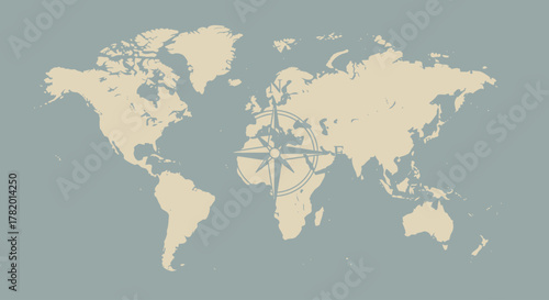 Vintage world map with compass rose on textured background  
