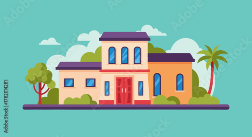 Colorful modern house surrounded by trees and palms on turquoise background  