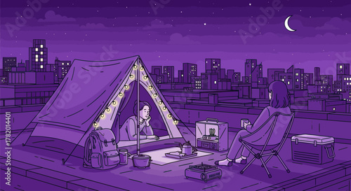 Camping on rooftop at night in city with purple sky and stars  