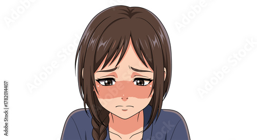 Sad anime girl with braided hair looking down in thoughtful expression  