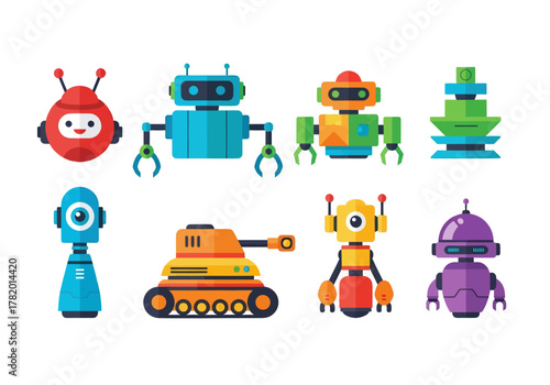 Colorful cartoon robots in various designs and shapes illustration  