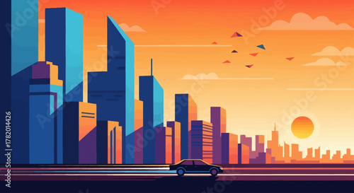 City skyline with car driving at sunset in modern illustration  