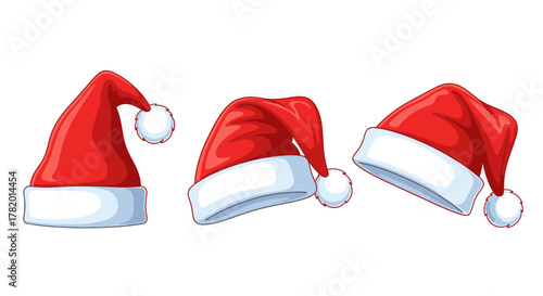 Set of three red Christmas hats with white pom-poms  