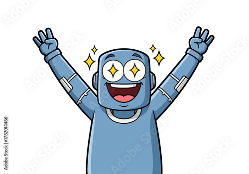 Happy blue robot with sparkling eyes celebrating joyfully  