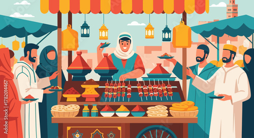 Vibrant street food market with vendors serving traditional dishes  
