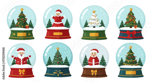 Christmas snow globes featuring Santa and festive trees in winter  