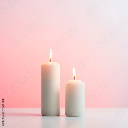 Two lit candles against a pink gradient background, creating a serene atmosphere.