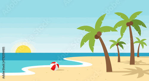 Beach scene with palm trees and beach ball under sunny sky  