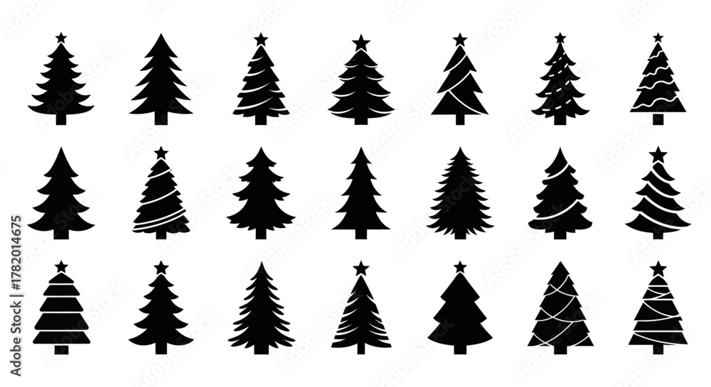 Fototapeta premium Various Christmas tree silhouettes in black and white design 