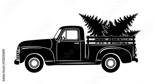 Vintage pickup truck transporting fir trees in silhouette design  