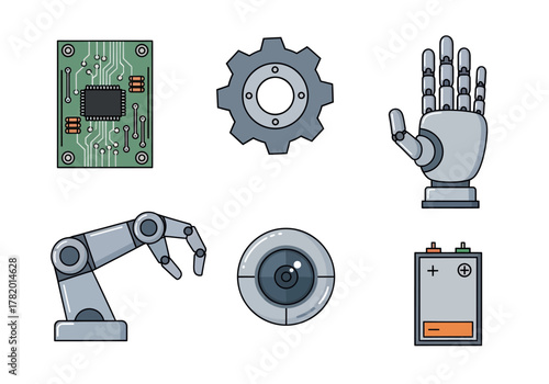 Robotic elements including circuit board, gear, and robotic hand  
