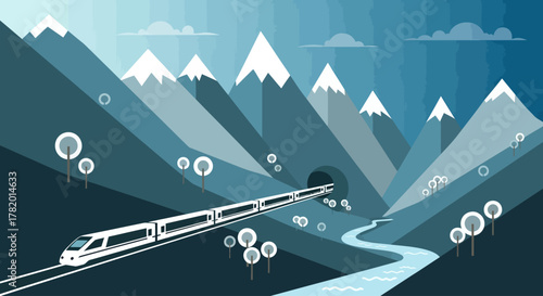 Train traveling through mountains with river and stylized trees  