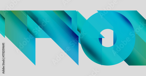Abstract graphic design featuring layered blue, teal shapes forming number two. Modern aesthetic, clean lines, minimalist composition.