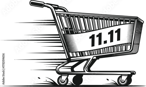A black and white graphic illustration of a speeding shopping cart with the numbers eleven point eleven