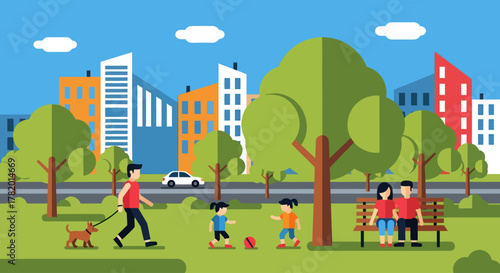 Family enjoying a day in the park with children and dog  