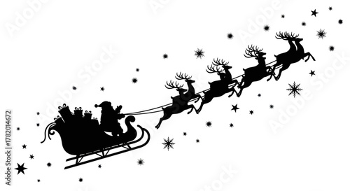 Santa Claus riding sleigh with reindeer against starry background  