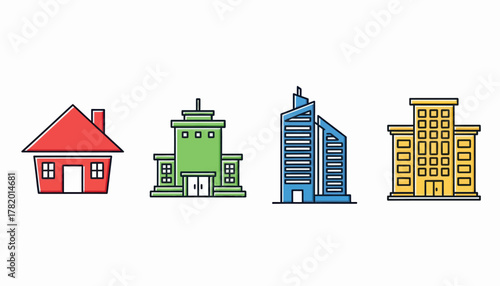 Colorful illustrations of diverse building types in flat style  