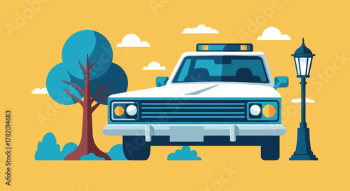 Police car parked by tree and lamppost in colorful environment  