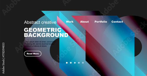 Abstract geometric design. Vibrant colors, shapes overlap. Website header with navigation options, text block, button visible. Modern aesthetic.