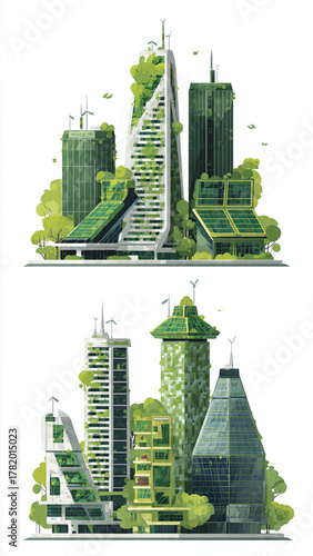 Eco-friendly futuristic cityscapes with sustainable architecture and green buildings