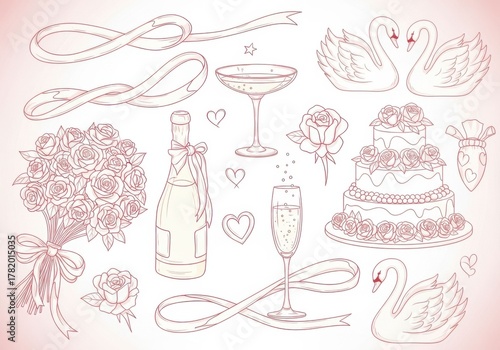 Fototapeta Naklejka Na Ścianę i Meble -  Elegant wedding celebration elements featuring swans champagne and cake hand drawn style