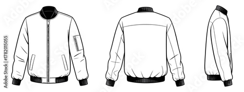 Bomber jacket flat sketch vector illustration featuring front zip design, casual outerwear fashion template for apparel design, clothing mockup, garment pattern, and streetwear style presentation