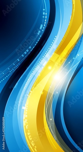 Abstract Blue and Yellow Flowing Lines with Light Burst.