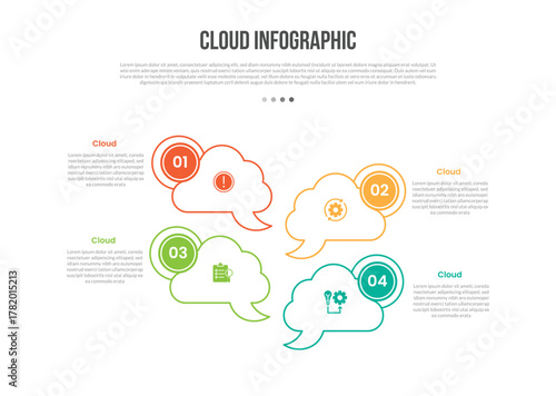 Cloud base shape infographics template diagram with callout discussion box on stacked list opposite direction with 4 point step creative simple flat outline