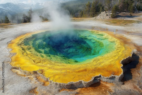 Colorful steaming hot spring with vibrant yellow, green, and blue mineral formations surrounded by barren land and distant forested mountains under a clear sky