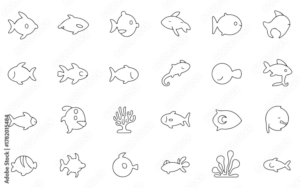Obraz premium Collection of hand drawn whimsical fish illustrations in a simple outline sketch style