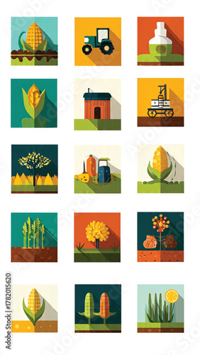 Set of 15 Flat Design Icons Representing Agriculture and Farming Concepts