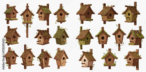 A collection of various rustic wooden birdhouses with different designs, shapes, and natural elements like moss and vines.