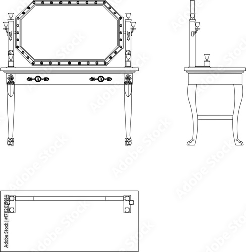 Vector sketch illustration silhouette design of a classic vintage ethnic traditional retro dressing table chair full of carvings