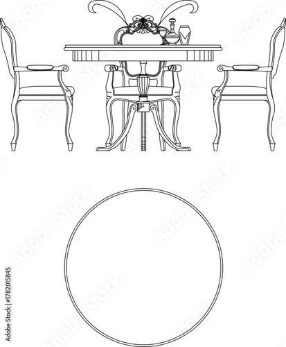 Vector sketch illustration silhouette design of a classic vintage ethnic traditional retro dressing table chair full of carvings 