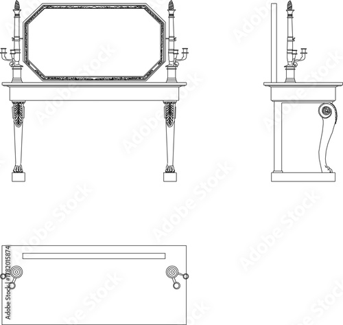 Vector sketch illustration silhouette design of a classic vintage ethnic traditional retro dressing table chair full of carvings