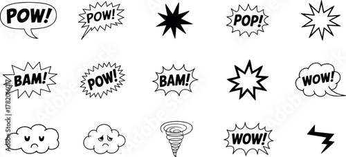 Collection of comic book style sound effect words and symbols like pow, bam, pop, wow, and explosion shapes, isolated on transparent background