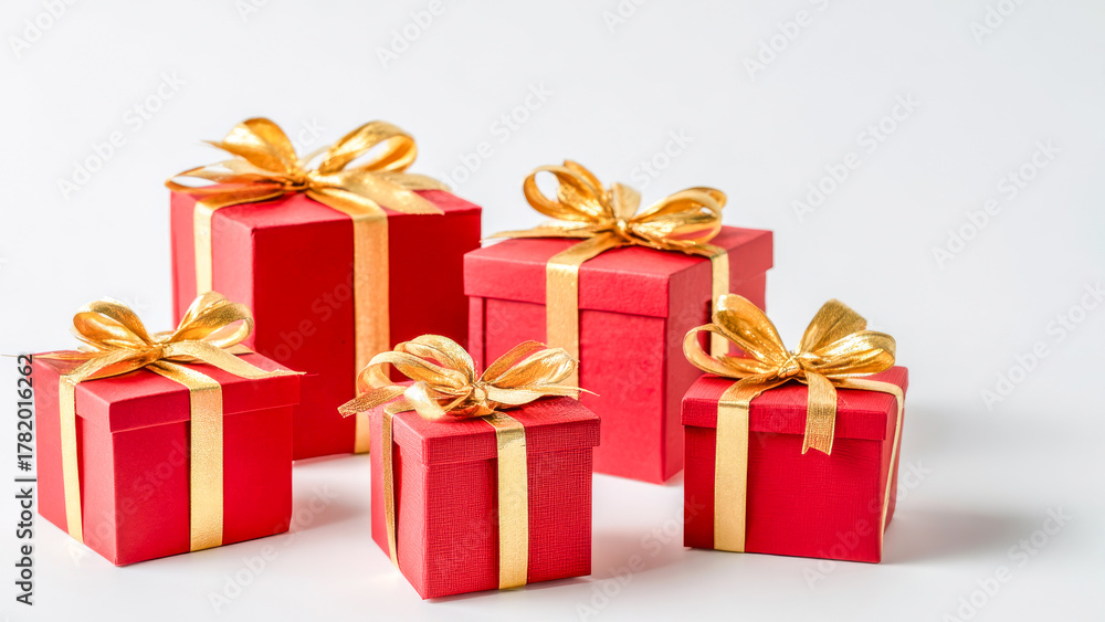 Fototapeta premium Colorful red gift boxes adorned with golden ribbons arranged together for a festive celebration, inviting joy and excitement