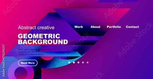 Modern website header design. Vibrant purple hues dominate abstract geometric shapes, text overlays, navigation menu. Clean, professional aesthetic.