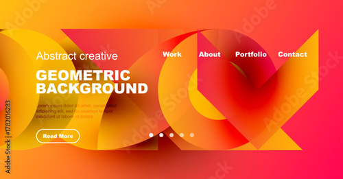 Bright geometric background design. Orange, red hues dominate. Text elements present, navigation visible. Modern aesthetic.