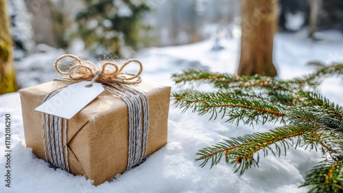 Winter wonderland gift nestled in snow among pine trees captures the essence of the holiday spirit and nature's beauty in a serene forest setting